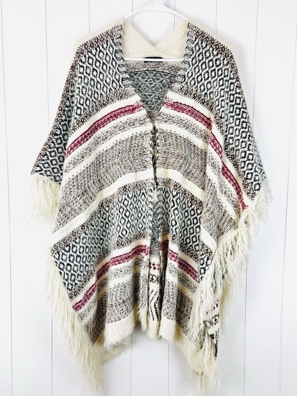 Janic Gray & Red Geometric Fringed Soft Poncho Festival Boho Concert Aztec OS